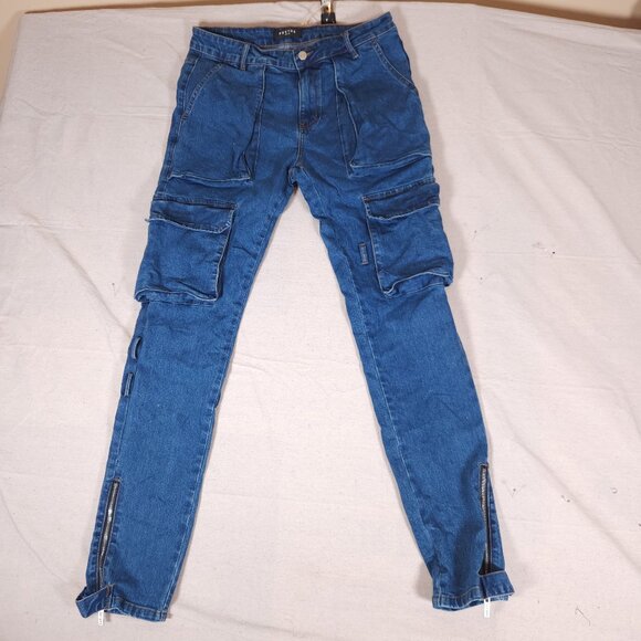 PRSTGE Cargo Snap and Zip Blue Jeans Mens Size 32 Denim Pants Streetwear - Picture 1 of 16